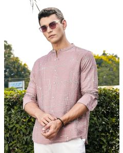 Pink Slim Fit Long Sleeves Mandarin Collar Woven Embroidered Shirt