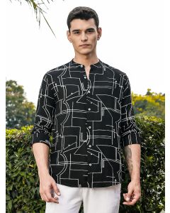 Black Slim Fit Long Sleeves Mandarin Collar Woven Embroidered Shirt