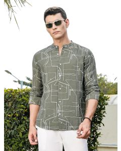 Olive Slim Fit Long Sleeves Mandarin Collar Woven Embroidered Shirt