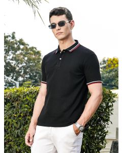 Black Regular Fit Short Sleeves Waffle Knitted Polo Collar Tshirt