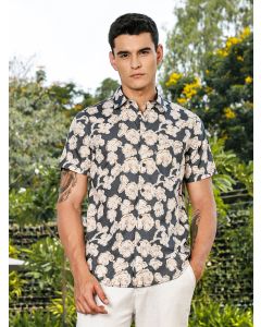 Grey Slim Fit Short Sleeves Floral Printed Woven Casual Shirt