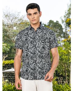 Navy Slim Fit Short Sleeves Abstract Print Woven Casual Shirt