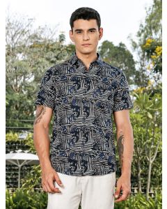 Navy Slim Fit Short Sleeves Spread Collar Graphic Print Woven Casual Shirt