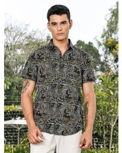 Green Slim Fit Short Sleeves Spread Collar Graphic Print Woven Casual Shirt