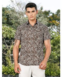 Green Slim Fit Short Sleeves Abstract Print Woven Casual Shirt