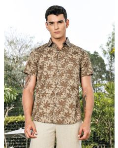 Olive Slim Fit Short Sleeves Spread Collar Floral Print Woven Casual Shirt