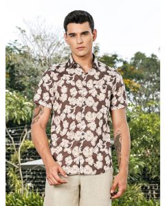 Brown Slim Fit Short Sleeves Floral Printed Woven Casual Shirt