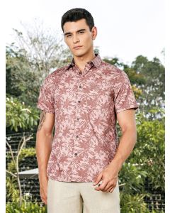 Pink Slim Fit Short Sleeves Spread Collar Floral Print Woven Casual Shirt