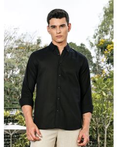 Black Slim Fit Long Sleeves Button-Down Collar Linen Casual Shirt