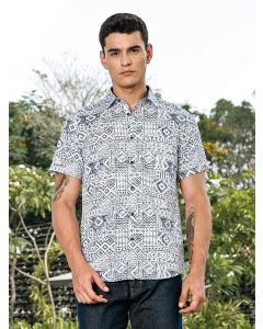 Blue Slim Fit Short Sleeves Geometric Print Woven Casual Shirt