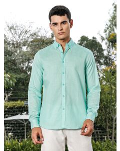Sea Green Slim Fit Long Sleeves Button-Down Collar Linen Casual Shirt