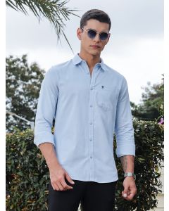 Light Blue Slim Fit Long Sleeves Spread Collar Solid Cotton Casual Shirt