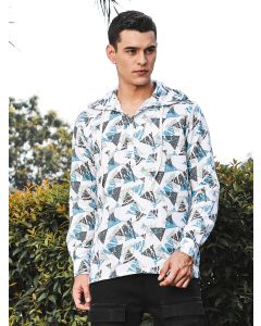 White Slim Fit Long Sleeves Abstract Printed Linen Hodded Shirt
