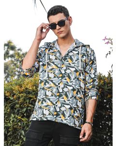 Grey Slim Fit Long Sleeves Abstract Printed Linen Hodded Shirt