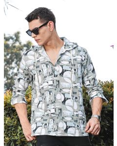 LightOlive Slim Fit Long Sleeves Abstract Printed Linen Hodded Shirt