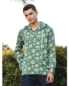 Green Slim Fit Long Sleeves Abstract Printed Linen Hodded Shirt