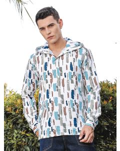 White1 Slim Fit Long Sleeves Abstract Printed Linen Hodded Shirt