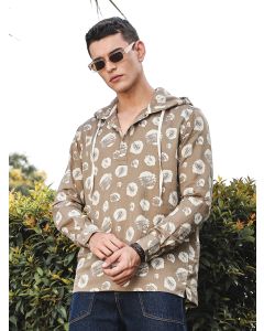 Brown Slim Fit Long Sleeves Abstract Printed Linen Hodded Shirt