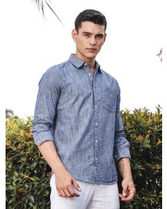 Blue Slim Fit Long Sleeves Spread Collar Linen Casual Shirt