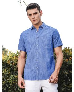 DarkBlue Slim Fit Short Sleeves Spread Collar Linen Casual Shirt