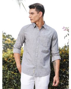 Grey Slim Fit Long Sleeves Spread Collar Linen Casual Shirt