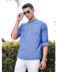 DarkBlue Slim Fit Long Sleeves Mandarin Collar Linen Casual Shirts