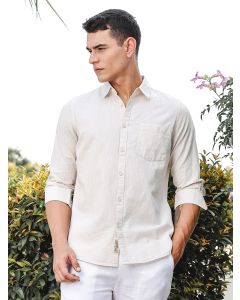 Cream Slim Fit Long Sleeves Spread Collar Linen Casual Shirt
