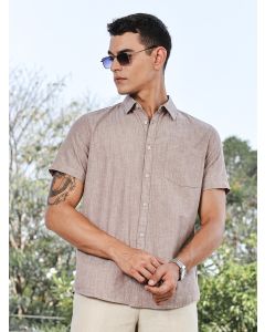 Brown Slim Fit Short Sleeves Spread Collar Cotton Linen Casual Shirt
