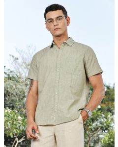 LightOlive Slim Fit Short Sleeves Spread Collar Linen Casual Shirt