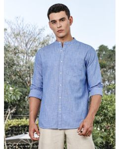 LightBlue Slim Fit Long Sleeves Mandarin Collar Linen Casual Shirts