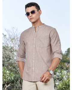 Brown Slim Fit Long Sleeves Mandarin Collar Linen Casual Shirts