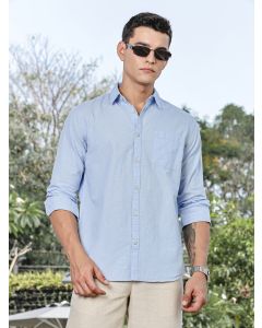 LightBlue Slim Fit Long Sleeves Spread Collar Linen Casual Shirt