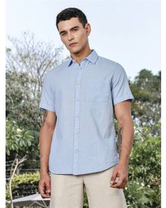 LightBlue Slim Fit Short Sleeves Spread Collar Linen Casual Shirt