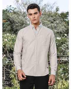 Beige Slim Fit Long Sleeves Button-Down Collar Oxford Casual Shirt