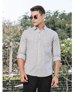 Grey Slim Fit Long Sleeve Gingham Checks Cotton Casual Shirt