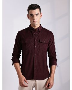 Maroon Regular Fit Long Sleeves Button-Down Collar Cotton Corduroy Shirt