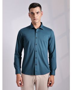 Teal Premium Slim Fit Long Sleeves Spread Collar Solid 4-Way Stretch Knitted Casual Shirt