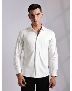 White Premium Slim Fit Long Sleeves Spread Collar Solid 4-Way Stretch Knitted Casual Shirt