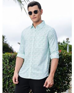 Green Regular Fit Long Sleeves Geometric Printed Pure Cotton Casual Shirt