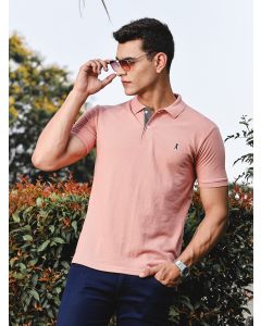 Pink Regular Fit Short Sleeves Solid Polo Collar Knitted Tshirt