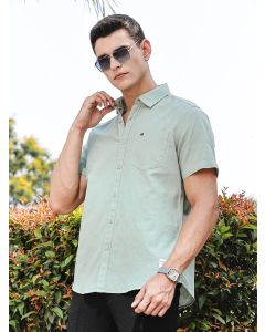 Sea Green Slim Fit Short Sleeves Spread Collar Linen Casual Shirt