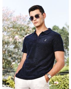 Navy Towel Terry Regular Fit Short Sleeves Polo Collar Tshirt