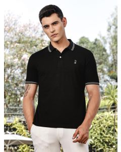 Black Regular Fit Short Sleeves Solid Polo Collar Knitted Tshirt