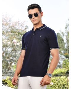 Navy Regular Fit Short Sleeves Solid Polo Collar Knitted Tshirt