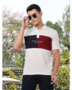White Regular Fit Short Sleeves Typography Polo Collar Knitted Tshirt