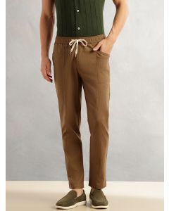 Brown Regular Fit Mid-Rise Drawstring Solid Cotton Woven Trouser