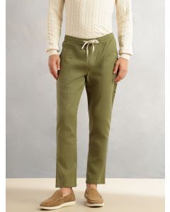 Olive Regular Fit Mid-Rise Drawstring Solid Cotton Woven Trouser