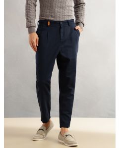 Navy Regular Fit Mid-Rise Solid 100% Cotton Pleated Design Woven Trouser