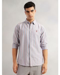 Blue Slim Fit Long Sleeves Vertical Stripes Spread Collar 100% Cotton Oxford Casual Shirt