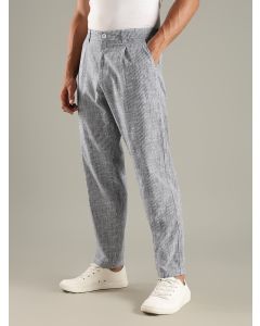 Navy Straight Fit Mid-Rise Sriped Linen Trouser